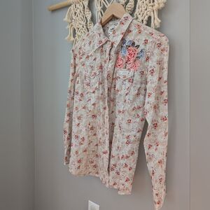 Ariat Beige Floral Fitted Shirt Rhinestone Pearl Snaps Embroidered Roses Small